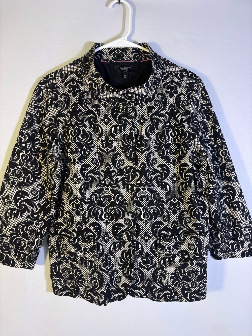 Talbots Petites Black Cream Floral Lady Jacket Cotton Blazer Size 14P